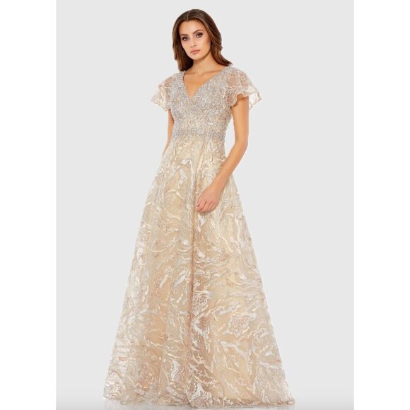 Mac Duggal Dresses & Skirts - Mac Duggal 20310 Beige Embellished Butterfly Sleeve A-Line Gown Size 18